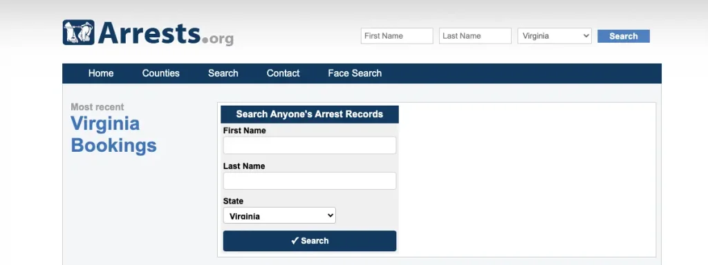 Screenshot showing the Arrests.org Virginia search bar with fields to enter a person's first and last name for a Virginia arrest lookup.