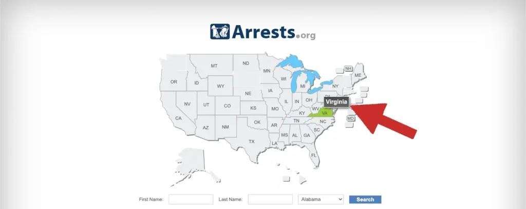 Screenshot showing the Virginia state selected from the Arrests.org state list to access Virginia criminal arrest records.